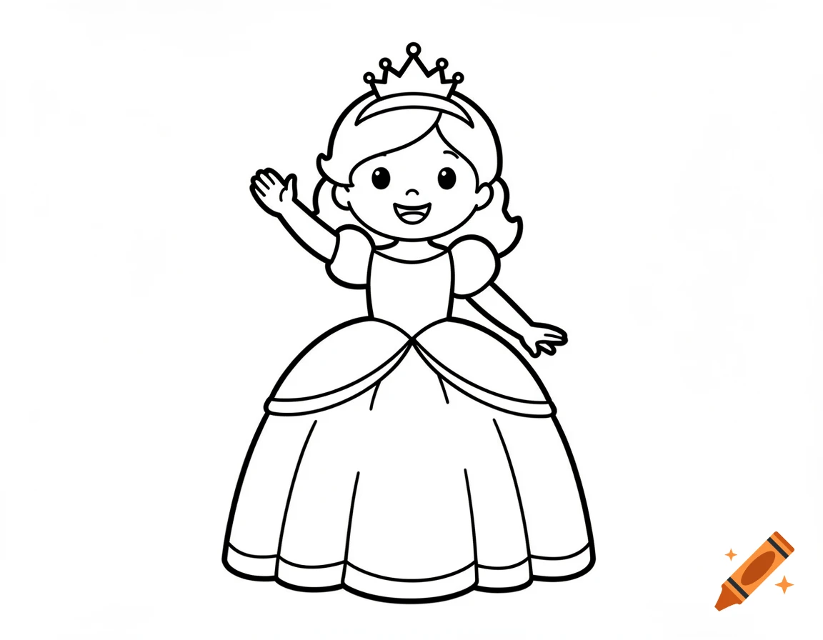 A cartoon princess in a puffy dress and crown waves, depicted as a black and white outline coloring page.