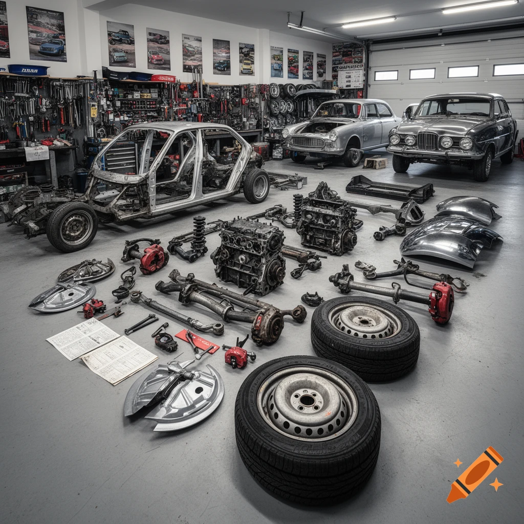 A disassembled car chassis, engine, wheels, and numerous other parts are laid out on a grey garage floor. Two classic cars are in the background.