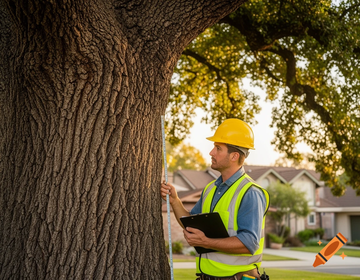 Professional arborist in yellow hard hat and vest measures a tree trunk with a tape measure in a sunny residential neighborhood.