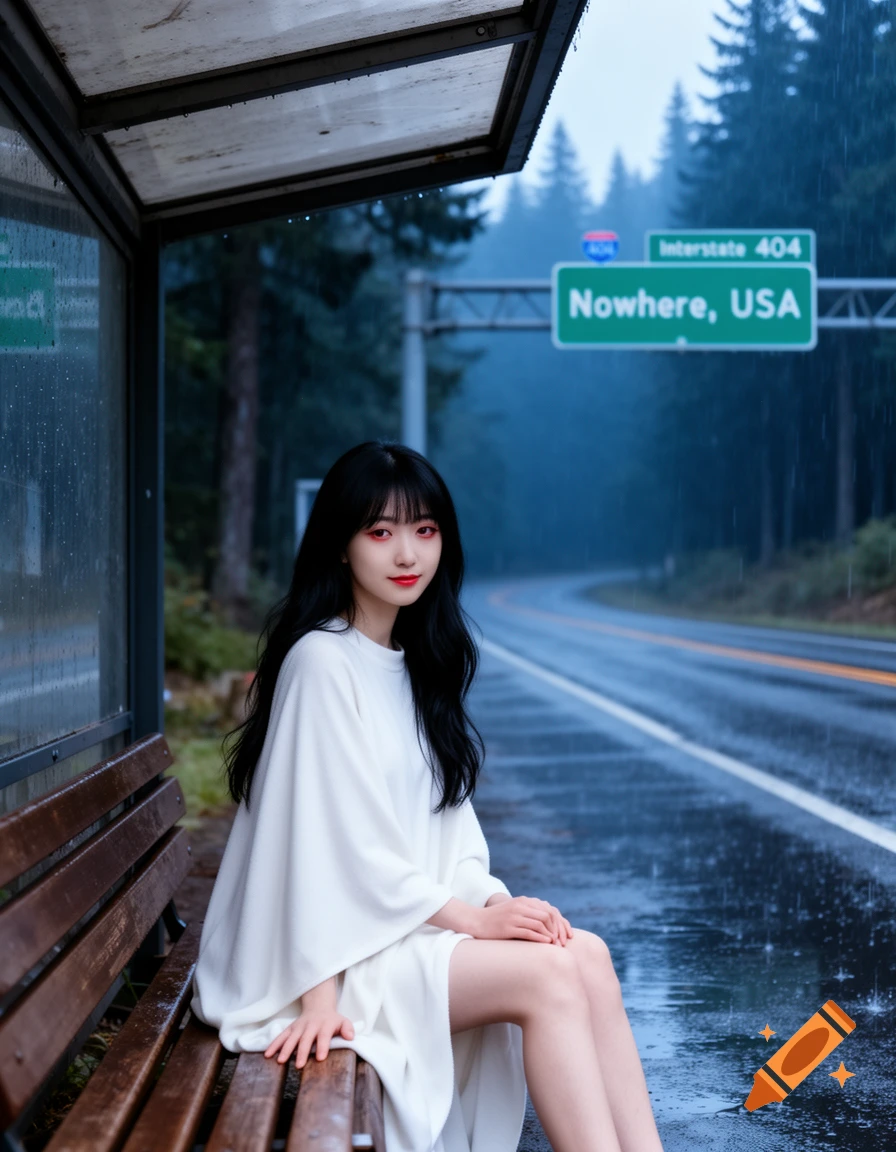 Young Japanese woman with black hair and red makeup sits on a bus stop bench in a rainy forest, a 'Nowhere, USA' sign behind her.