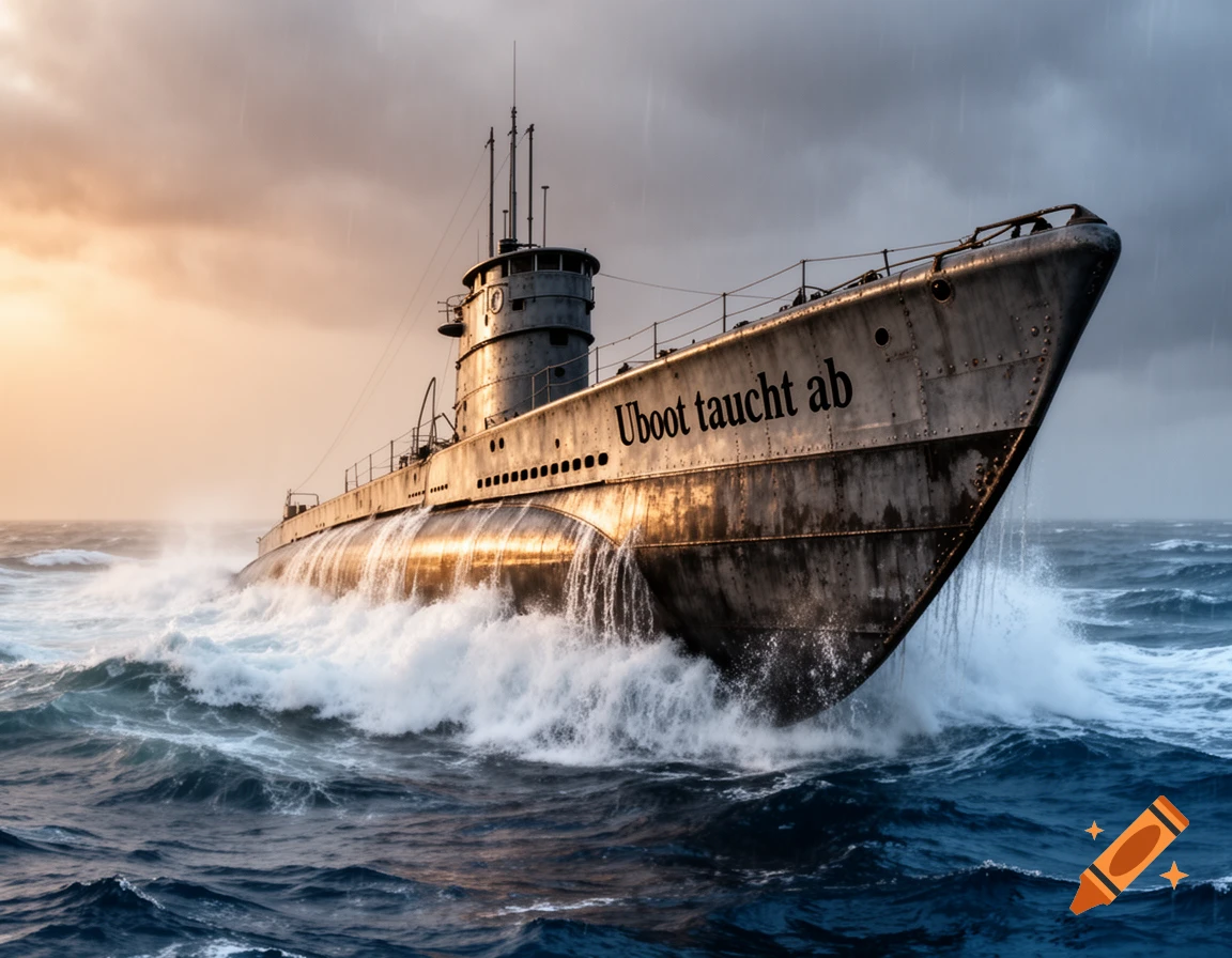 A large, dark grey U-boat submarine rises from rough, dark blue ocean waves under a dramatic, cloudy sky with sunlight. The text "Uboot taucht ab" is on its hull.