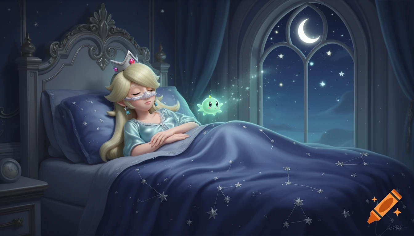 Princess Rosalina from Super Mario sleeps peacefully in a grand bed with a CPAP mask, a glowing Luma nearby, and a starry night sky visible through a gothic window.