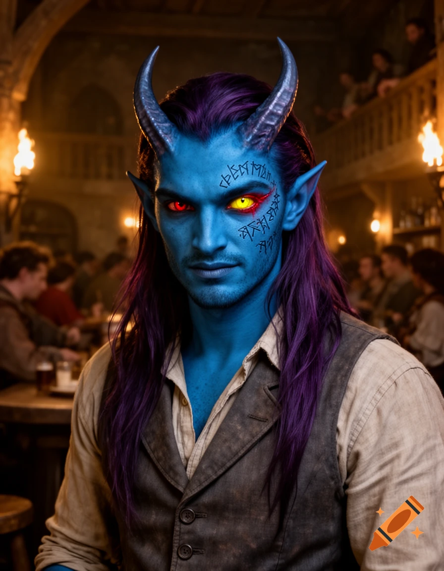Photorealistic portrait of a blue-skinned Tiefling man with long purple hair, grey horns, mismatched red and yellow eyes, and dark runes on his face, in a warm, dimly lit tavern.