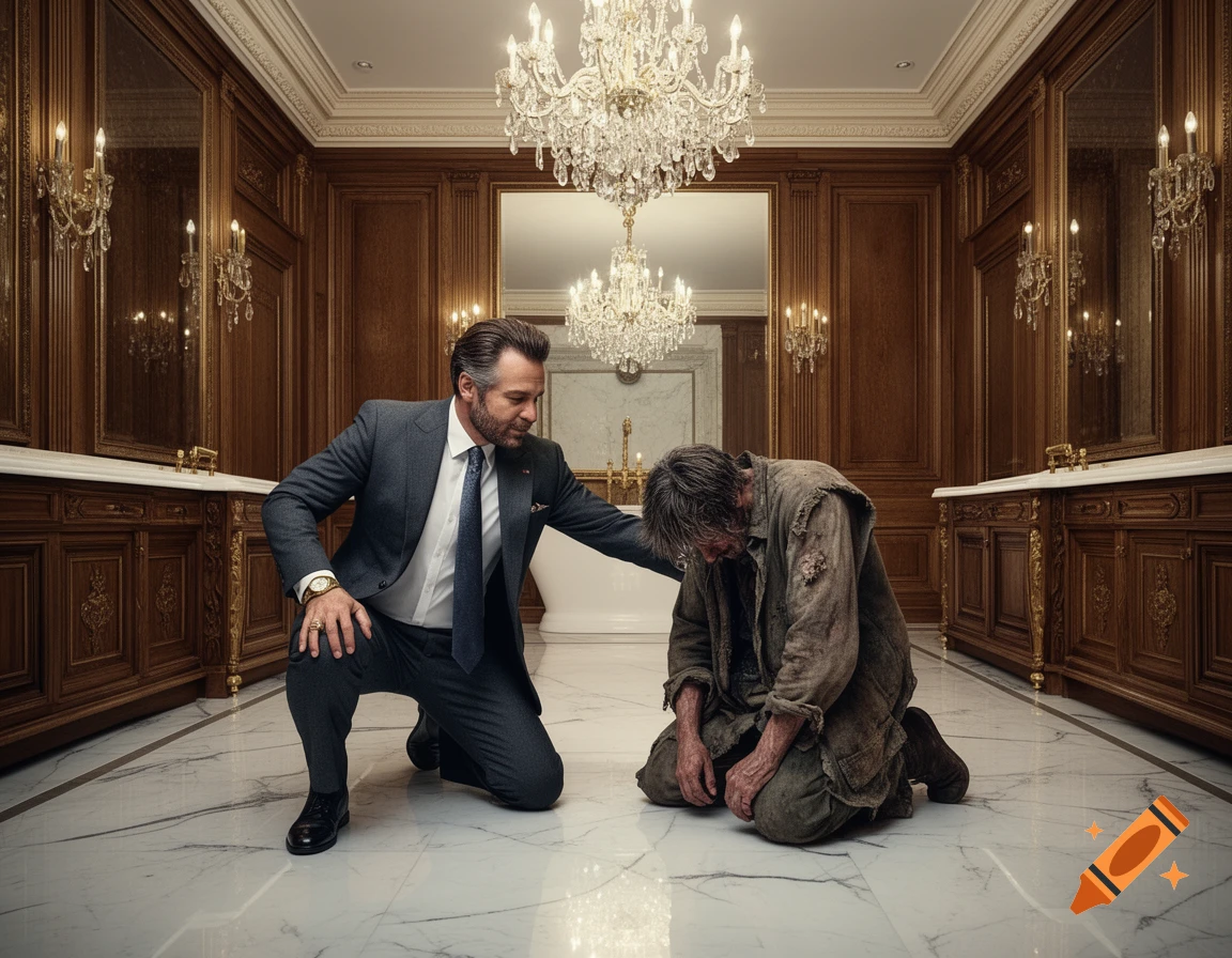 A well-dressed man kneels beside a disheveled man crouching on the white marble floor of a luxurious room.