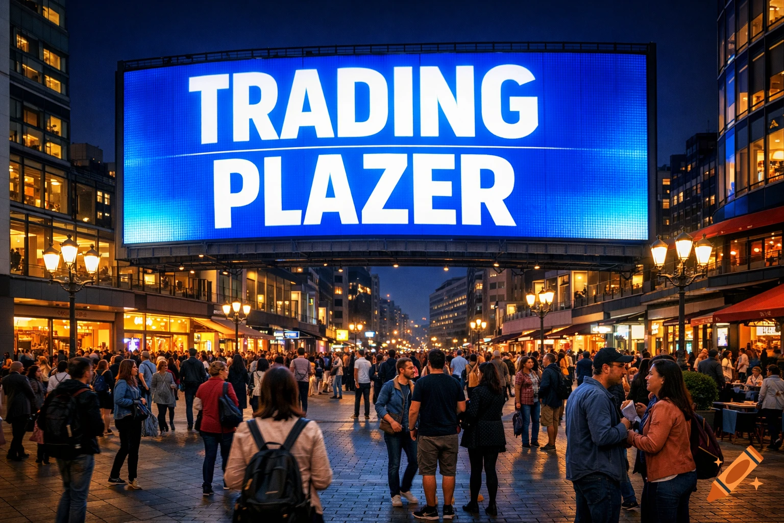 A photorealistic night scene of a busy city street with a large blue billboard displaying 'TRADING PLAZER' above a crowd.