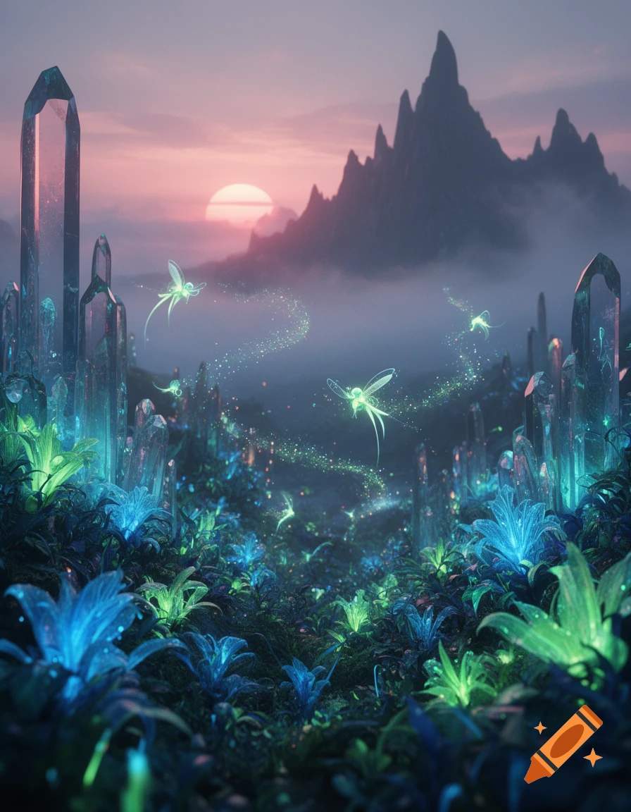 A mystical landscape with glowing plants, tall crystals, and fairies under a sunset sky with mountains.