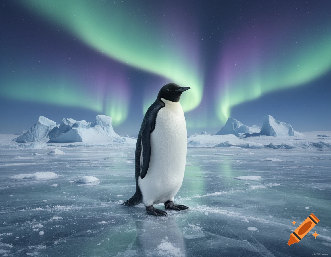 A photorealistic emperor penguin stands on a vast frozen icy landscape under a vibrant green and purple aurora borealis sky with distant icebergs.