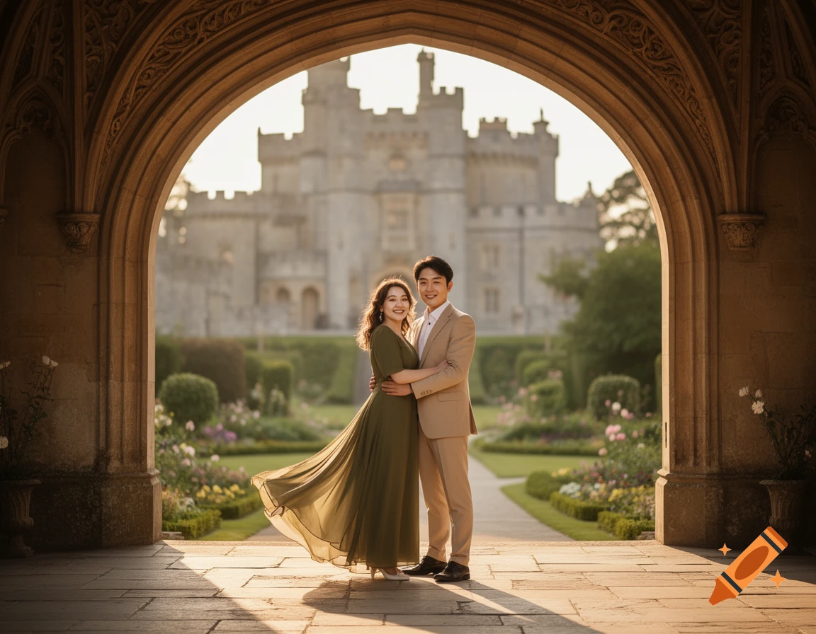 Smiling couple, woman in olive dress, man in beige suit, embracing under an archway with a castle and garden in background.
