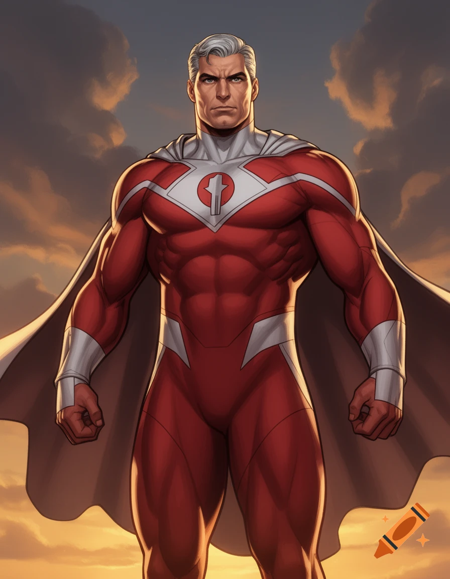 Male superhero with white hair in a red and white suit and cape, standing against a dramatic sunset sky in a comic book art style.