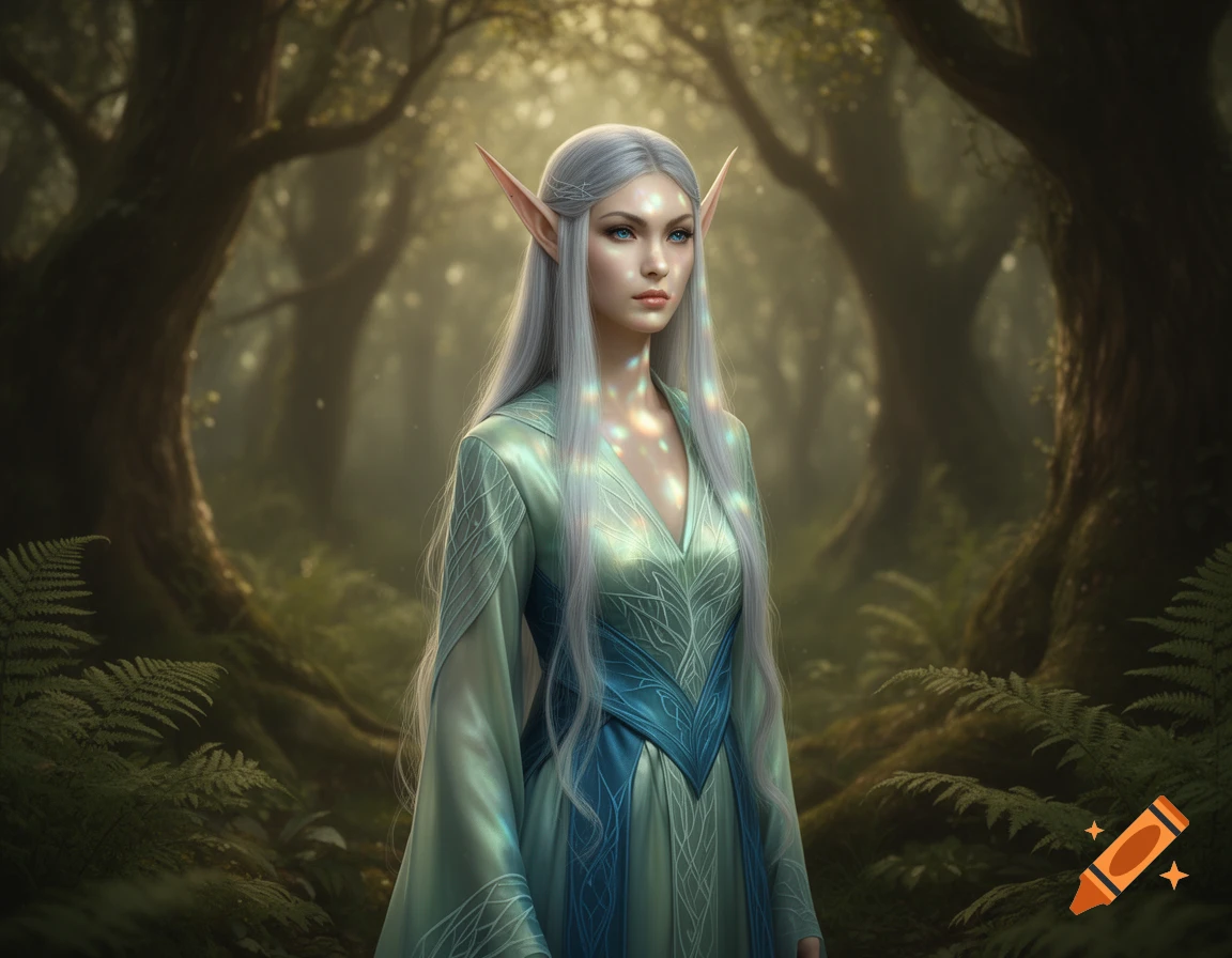 A beautiful silver-haired high elf with glowing blue eyes and pointed ears stands in a mystical forest bathed in dappled sunlight.