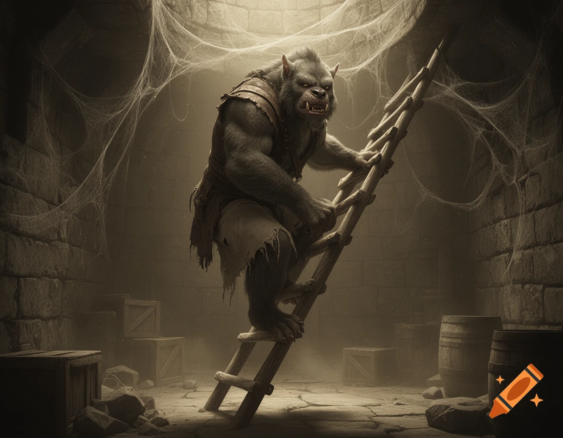 A powerful, grey-furred bugbear climbs a wooden ladder in a dimly lit, cobweb-filled stone dungeon.