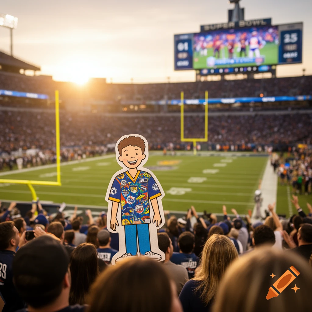 A flat Stanley cartoon cutout of a boy wearing a colorful shirt stands in the foreground of a crowded Super Bowl stadium at sunset.