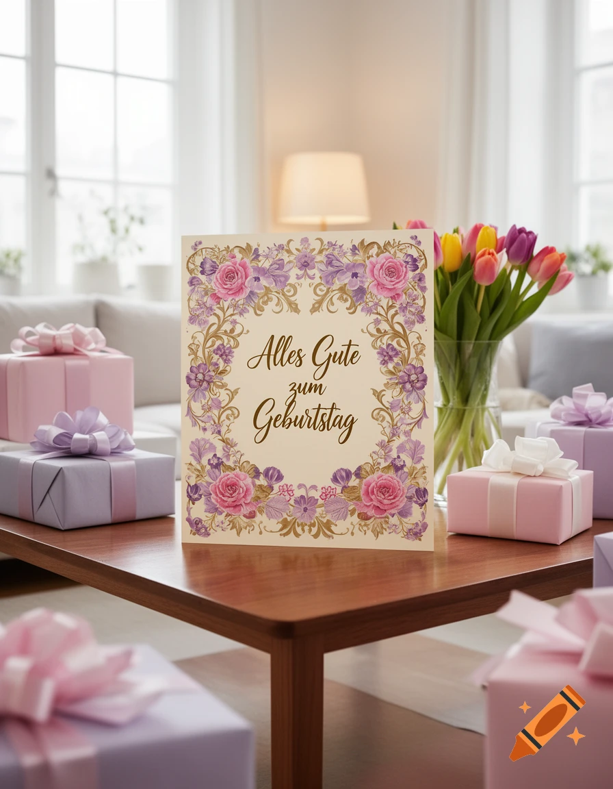 Photorealistic image of a birthday card reading "Alles Gute zum Geburtstag" on a wooden table, surrounded by pastel gifts and tulips.