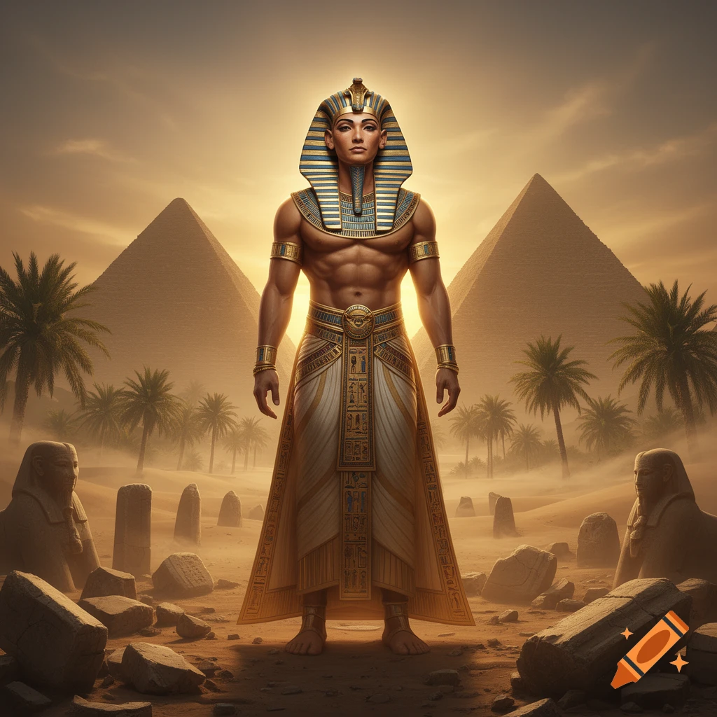 A muscular pharaoh in golden and blue attire stands in a desert with pyramids and palm trees under a hazy sky, surrounded by ruins.