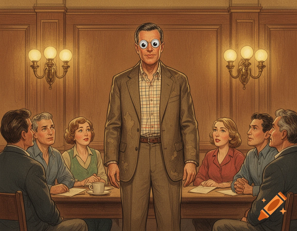A Norman Rockwell-style illustration of a man with large googly eyes standing before a diverse group of seated people at a table in a wood-paneled room.