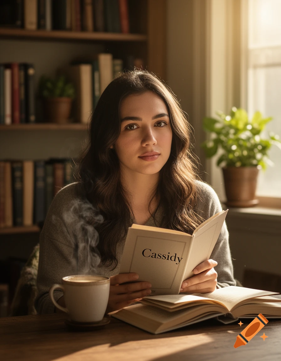 A young woman holds an open book titled 'Cassidy' with a steaming coffee cup and books on a wooden table in a sunlit room with bookshelves.
