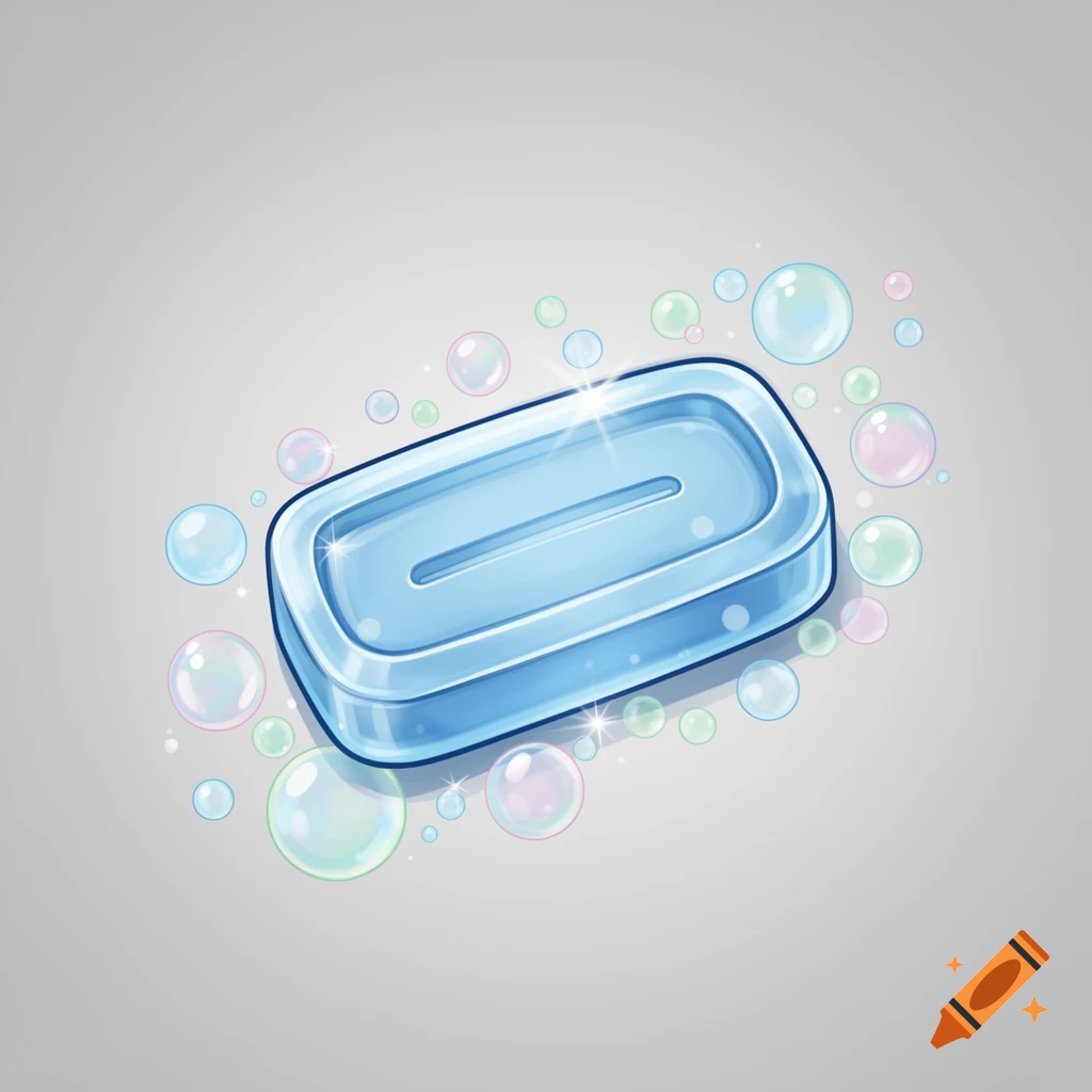 A blue translucent bar of soap surrounded by colorful bubbles on a light grey background, in a clipart style.