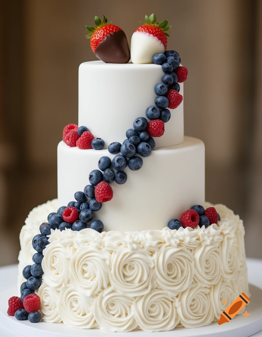 Three-tiered white wedding cake with blueberry and raspberry garlands, buttercream rosettes, and chocolate-dipped strawberries.