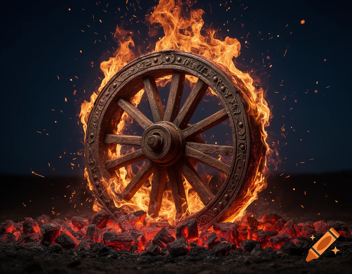 A rustic wooden wheel engulfed in vibrant orange flames, resting on a bed of glowing red coals against a dark background.