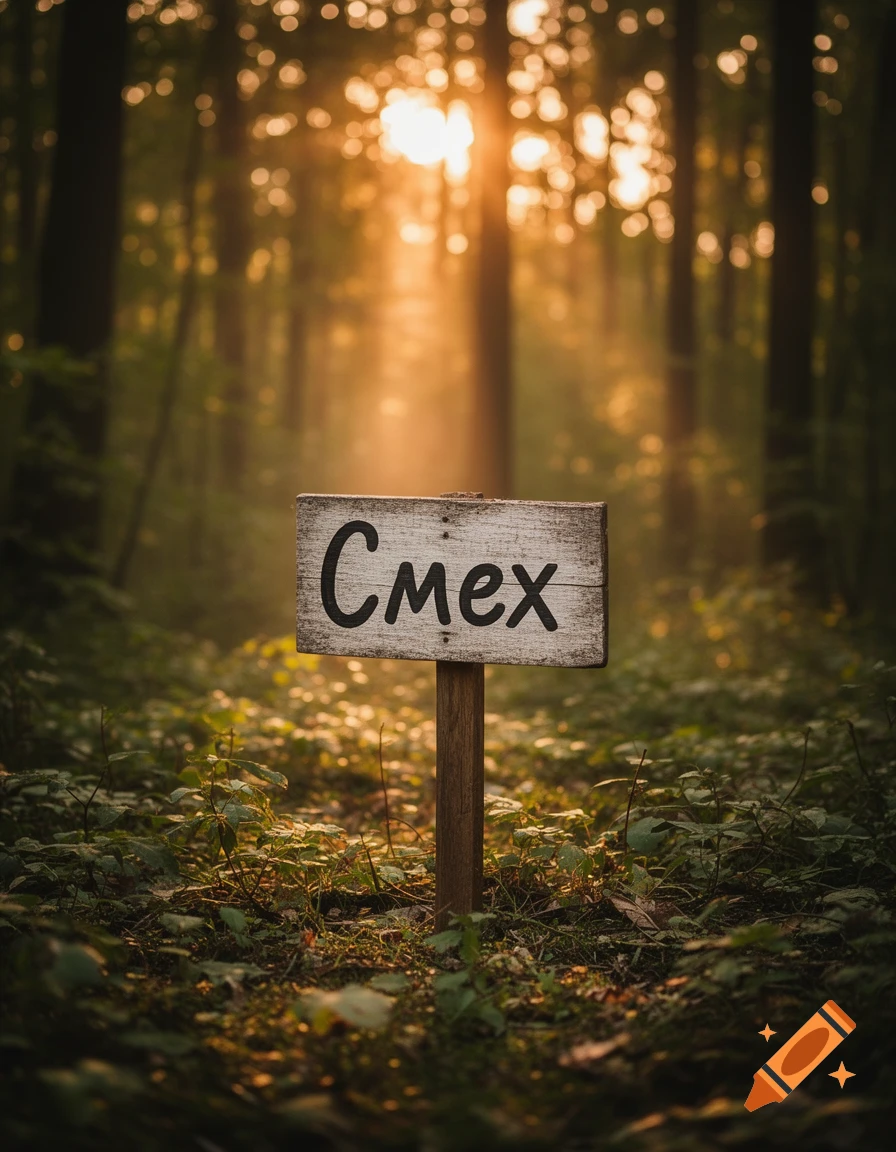 A weathered wooden sign with the word 'Смех' (Laughter) stands in a sun-dappled forest.