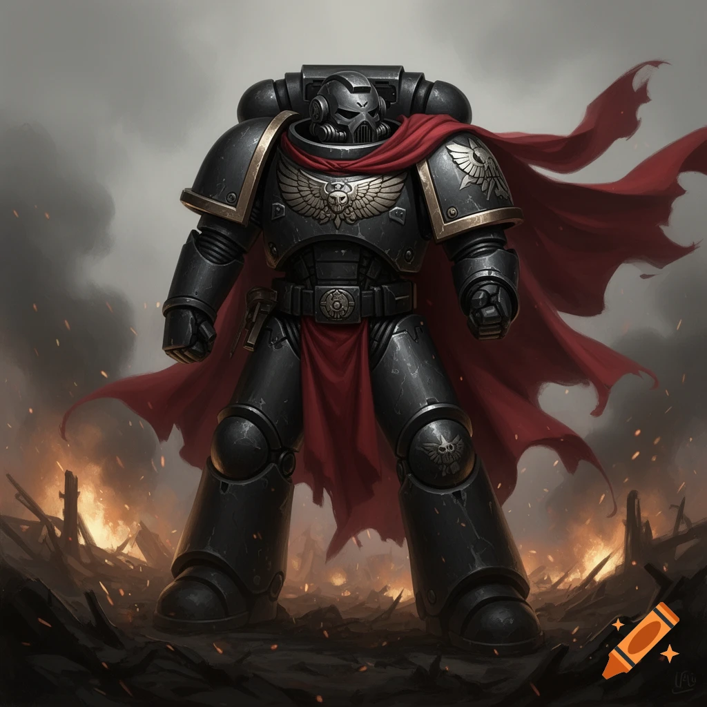 A black and steel gray Space Marine from Warhammer 40k with a red cape stands on a destroyed, fiery battlefield.