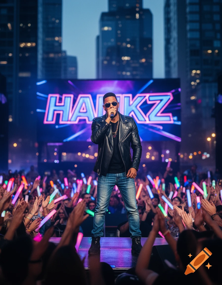 A man in a leather jacket sings on a stage with a neon 'HANKZ' sign behind him, facing a crowd holding colorful glow sticks.