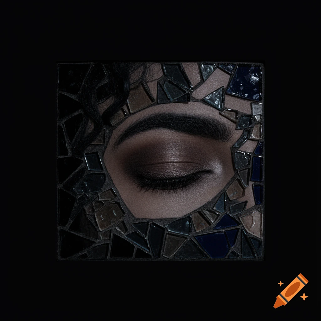 Close-up of a closed eye with dark eyeshadow, framed by a dark mosaic of broken glass pieces, against a black background.
