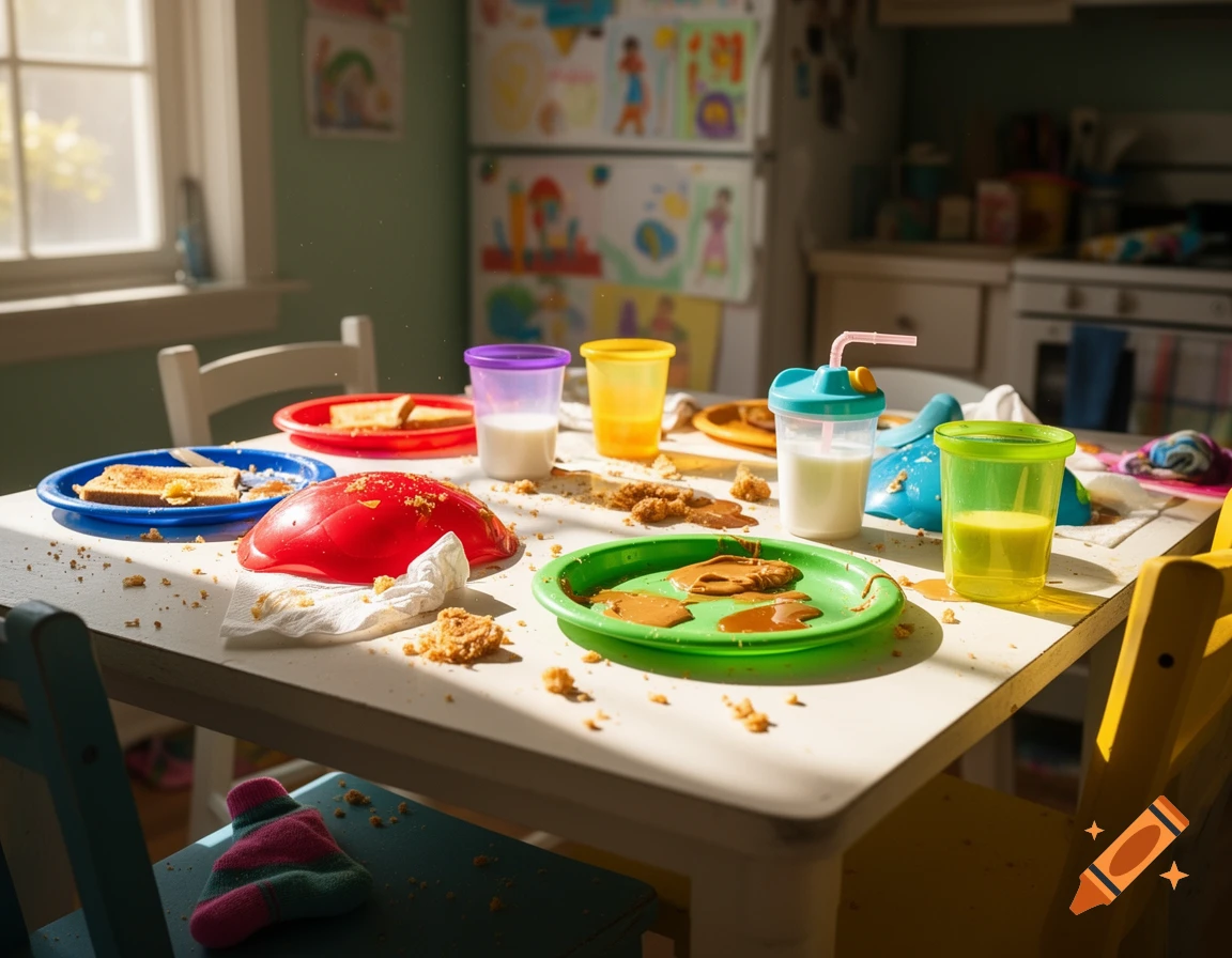 A chaotic, sunlit breakfast table with colorful plates, spilled food, and drinks in children's cups.