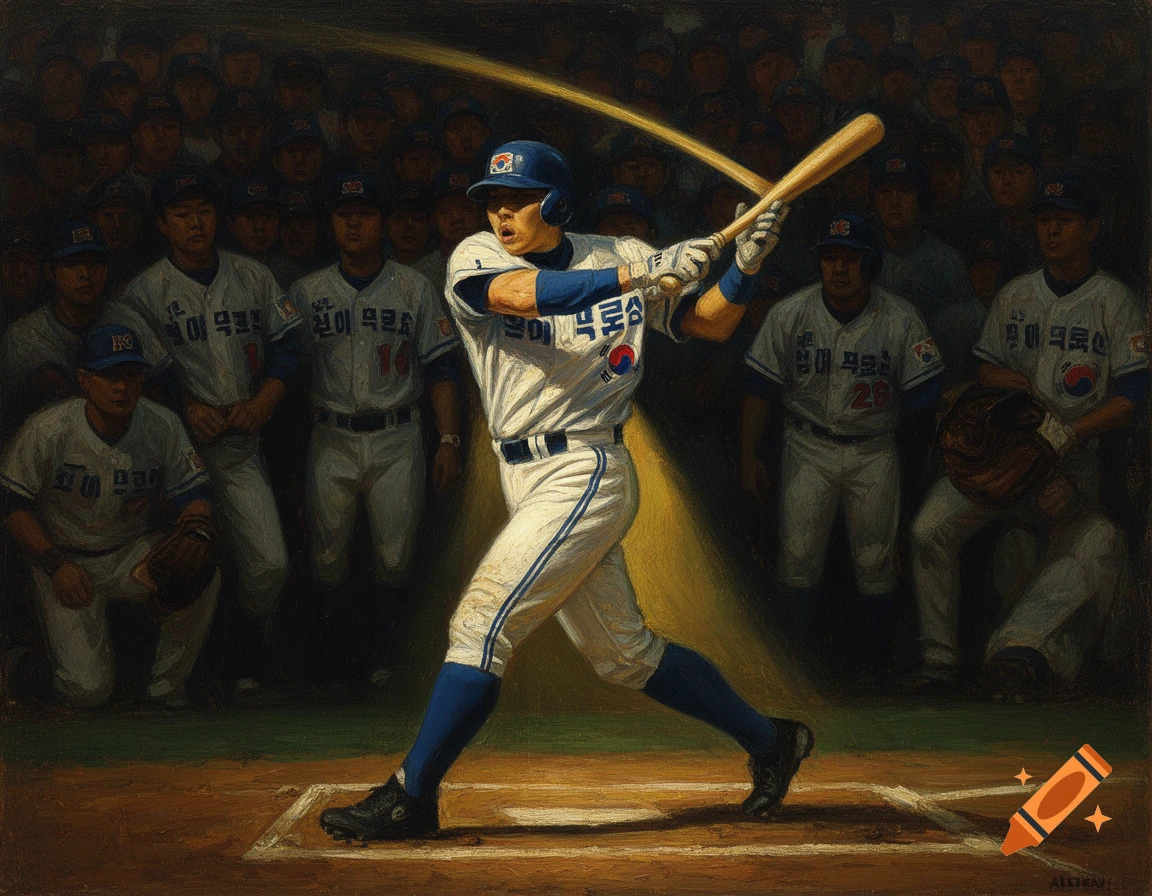 Oil painting of a South Korean baseball player in a white and blue uniform swinging a bat under dramatic chiaroscuro lighting with teammates in the background.