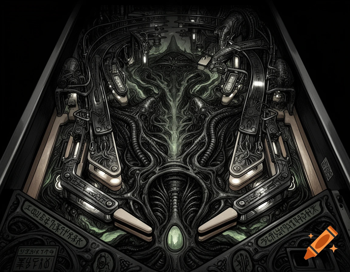 A dark H.R. Giger style pinball playfield with intricate biomechanical structures and glowing green accents.