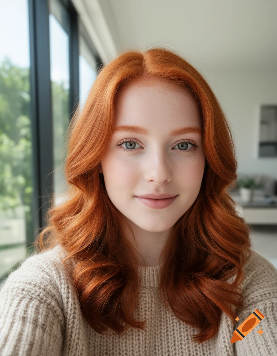 A young woman with wavy red hair and blue eyes smiles gently in a hyperrealistic selfie portrait indoors.