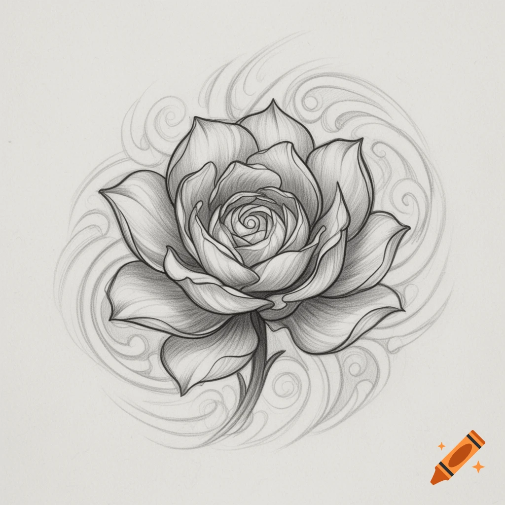 Detailed pencil sketch of a rose with swirling ornamental lines.