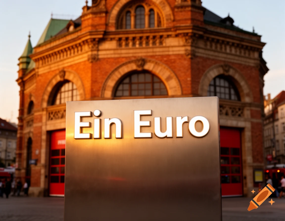 A photorealistic image of a metallic sign reading 'Ein Euro' in front of a blurred, ornate brick building, likely a fire station.