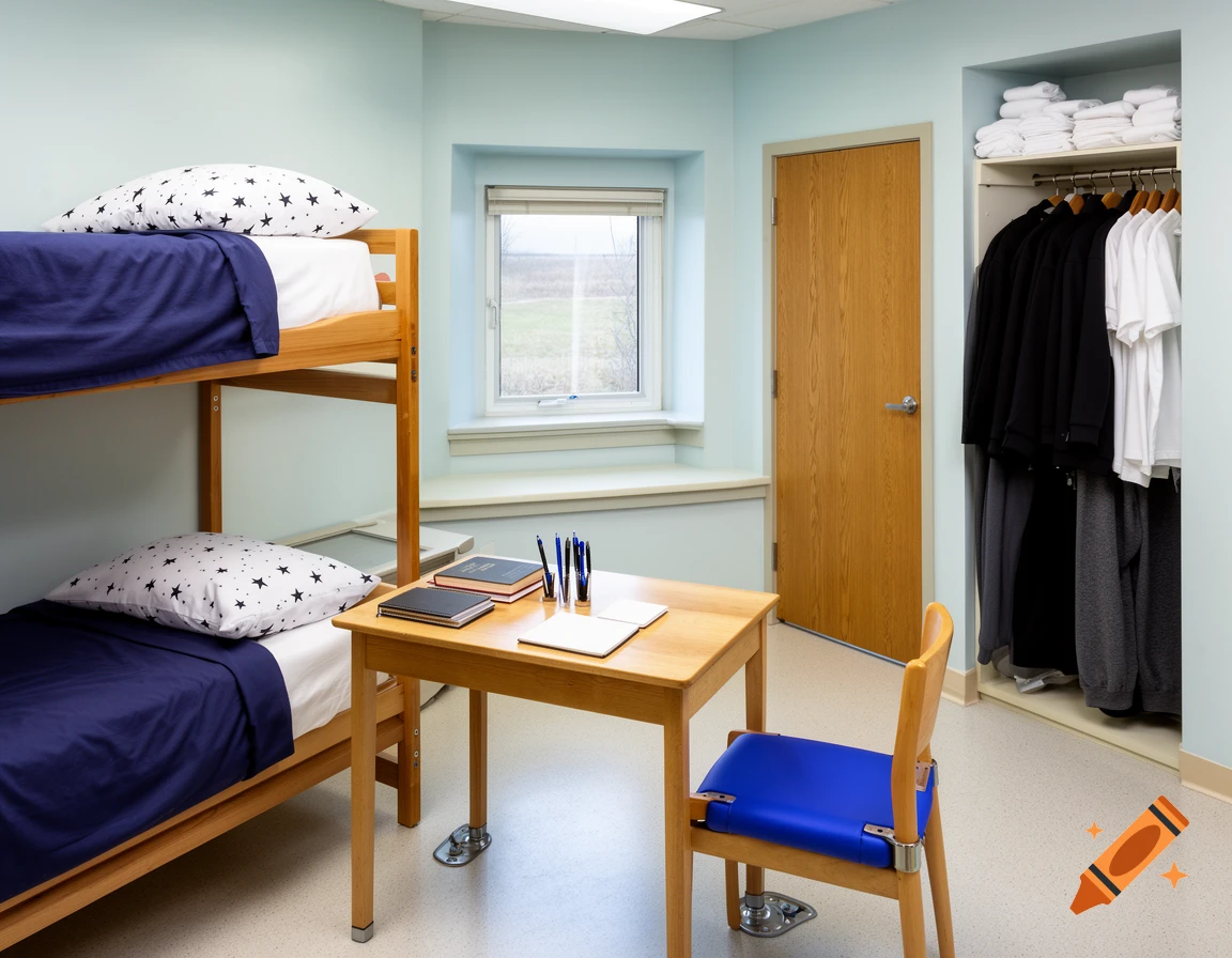 A sterile room with pale blue walls, a wooden bunk bed with navy and white star-patterned bedding, a wooden desk, and a closet.