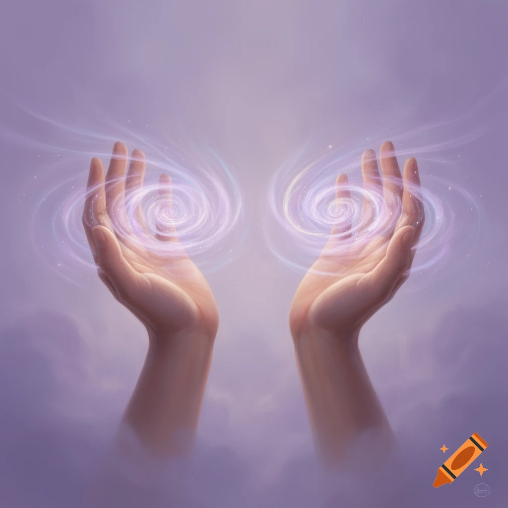 Two open hands emit glowing, swirling purple and white energy against a soft, ethereal lavender background.
