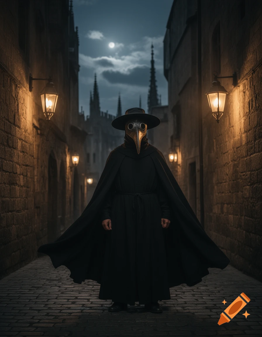 A photorealistic image of a plague doctor in a black cloak and bird ...
