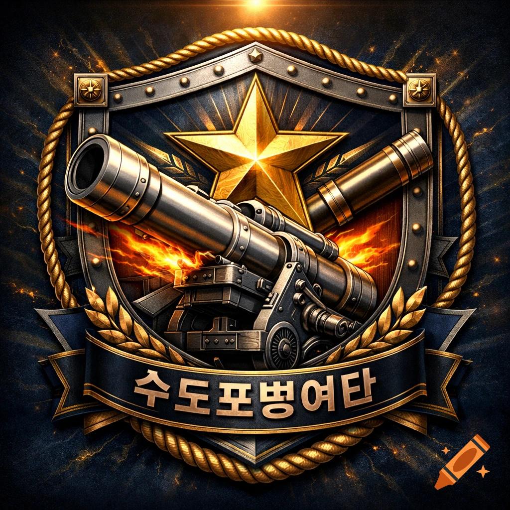 Detailed military emblem with a gold star, a cannon, flames, a shield, and a banner with Korean text.