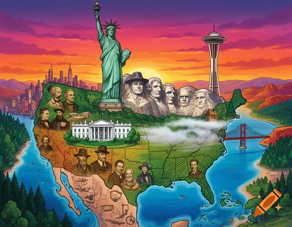 A colorful illustration of the USA map filled with famous landmarks like the Statue of Liberty, Mount Rushmore, Golden Gate Bridge, and historical figures, set against a vibrant sunset.