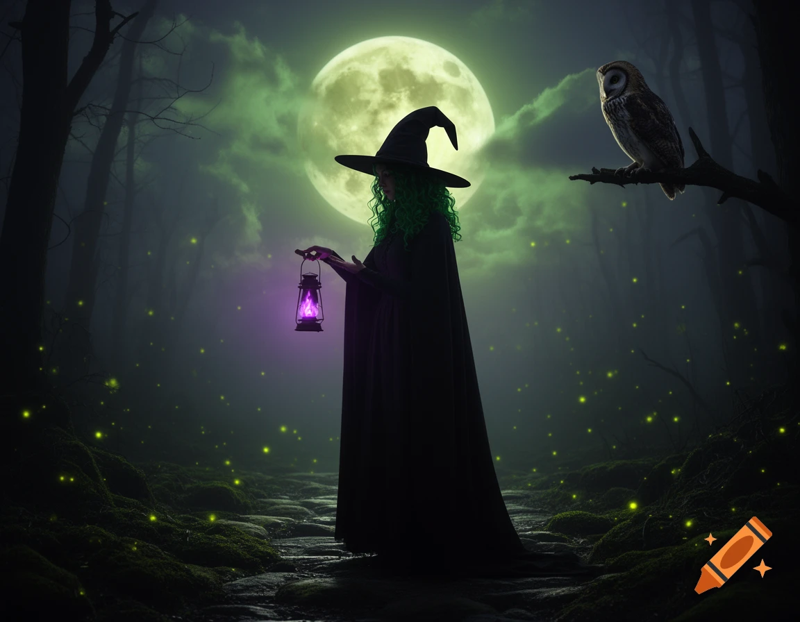 A witch with green hair holds a purple lantern, silhouetted against a full green moon in a foggy, mossy forest with fireflies and an owl.
