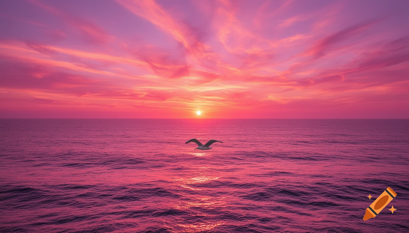 A vibrant pink sunrise over a vast ocean with a single bird flying over the waves. Photorealistic.