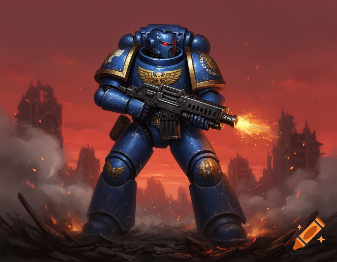 A blue armored Warhammer 40k Space Marine stands in a ruined city under a red sky, firing a rifle with muzzle flash.