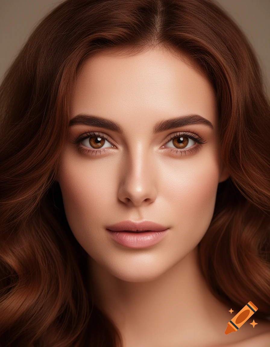 Close-up photorealistic portrait of a woman with long wavy brown hair ...