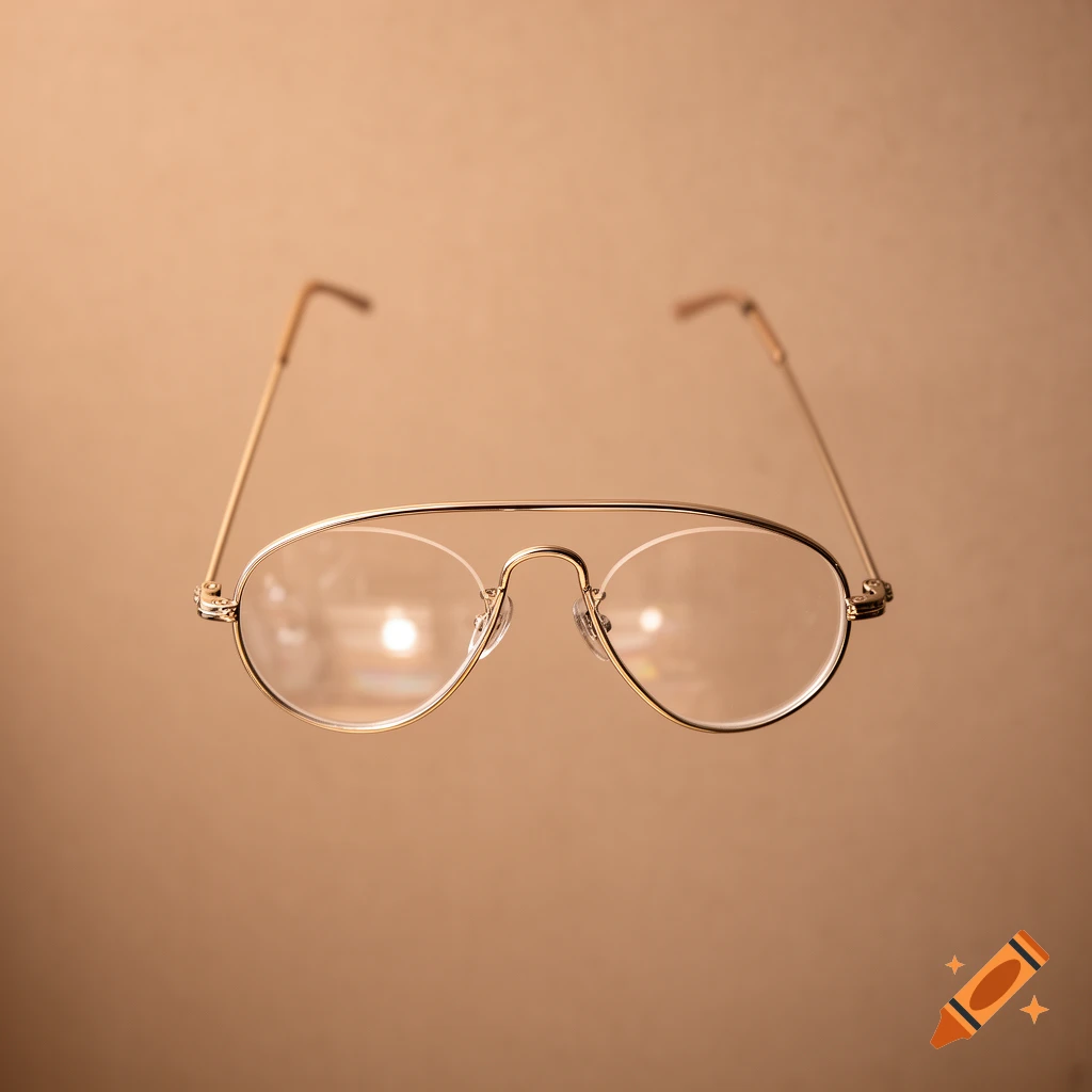 A pair of gold-rimmed aviator-style glasses, upside down, floating against a warm brown background.
