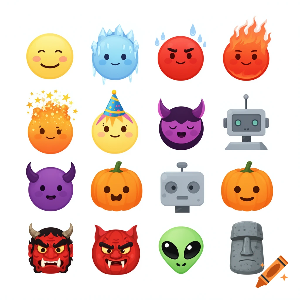 A grid of 16 cute, flat-design emoji-style characters, including smiling, cold, angry, devil, pumpkin, robot, alien, and Moai faces.
