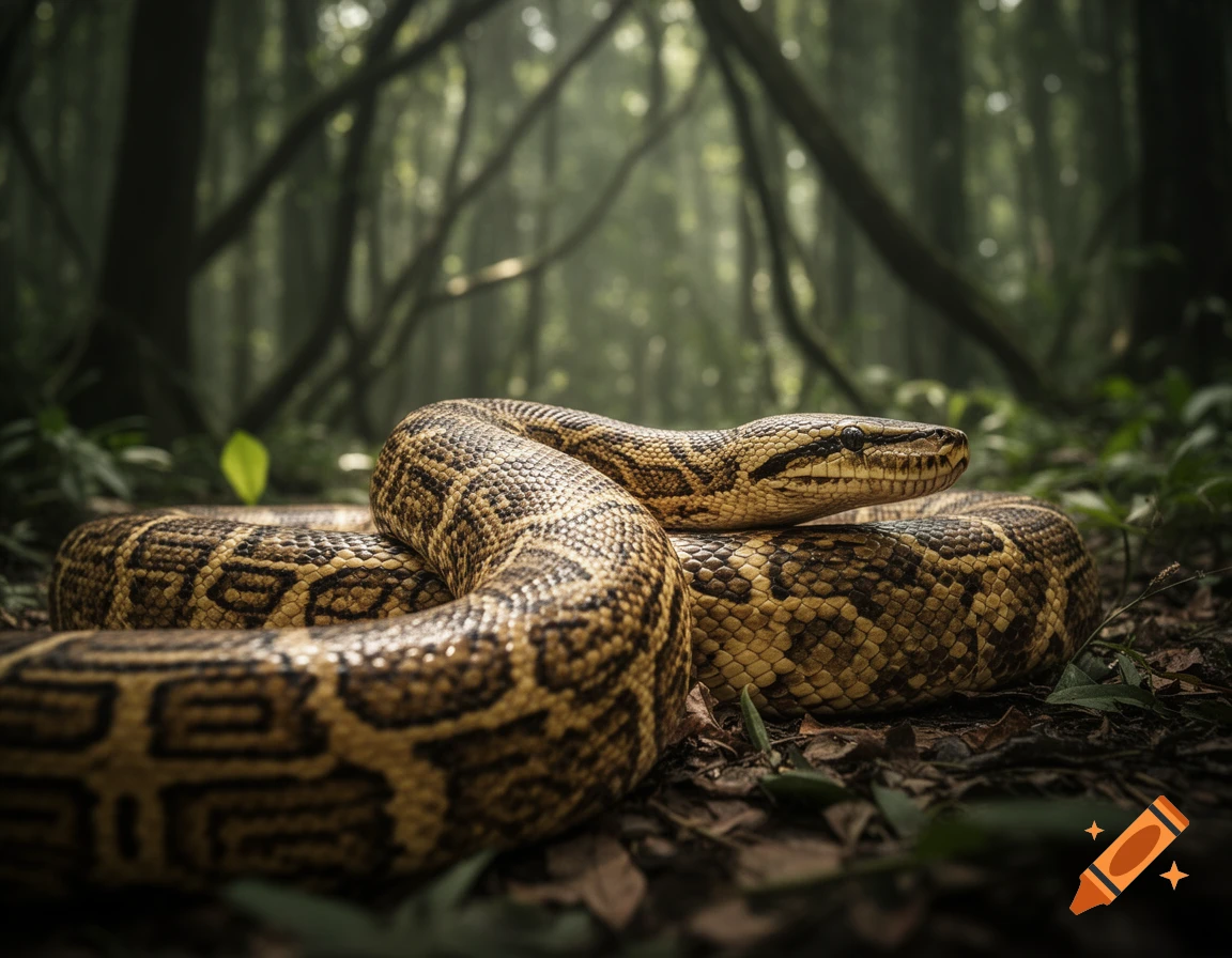 A photorealistic close-up of a Burmese python coiled on the forest floor in a lush, misty jungle.