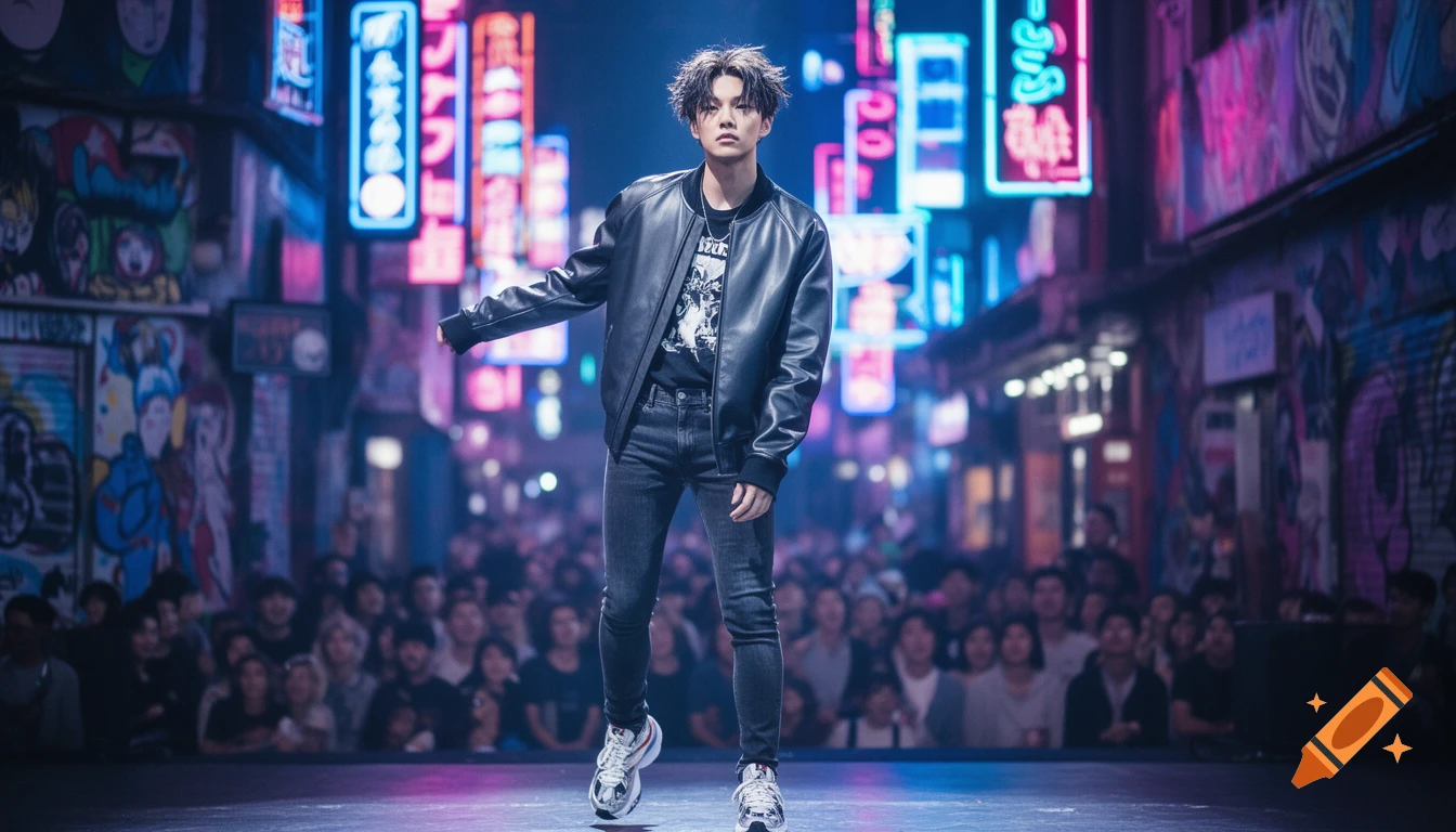 A young man in a leather jacket and jeans poses on a stage in a neon-lit cyberpunk city street, with a blurred crowd watching.