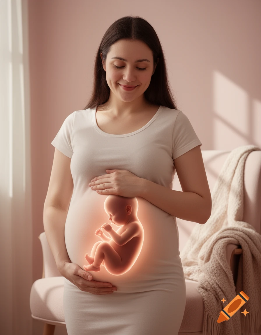 A smiling pregnant woman in a white dress cradles her belly, which glows to reveal a fetus inside her womb. Photorealistic style.