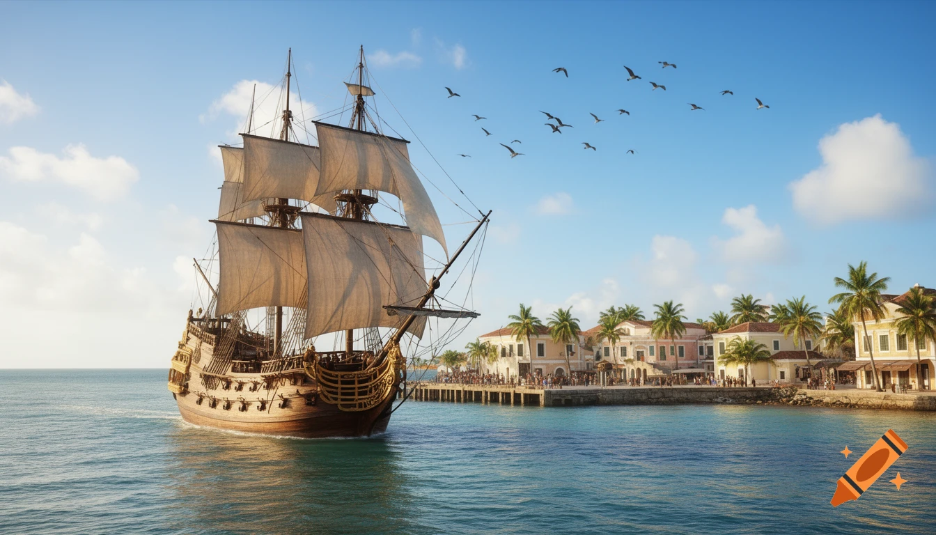 A large sailing ship with multiple masts and sails departs a sunny Caribbean port with palm trees and colorful buildings.