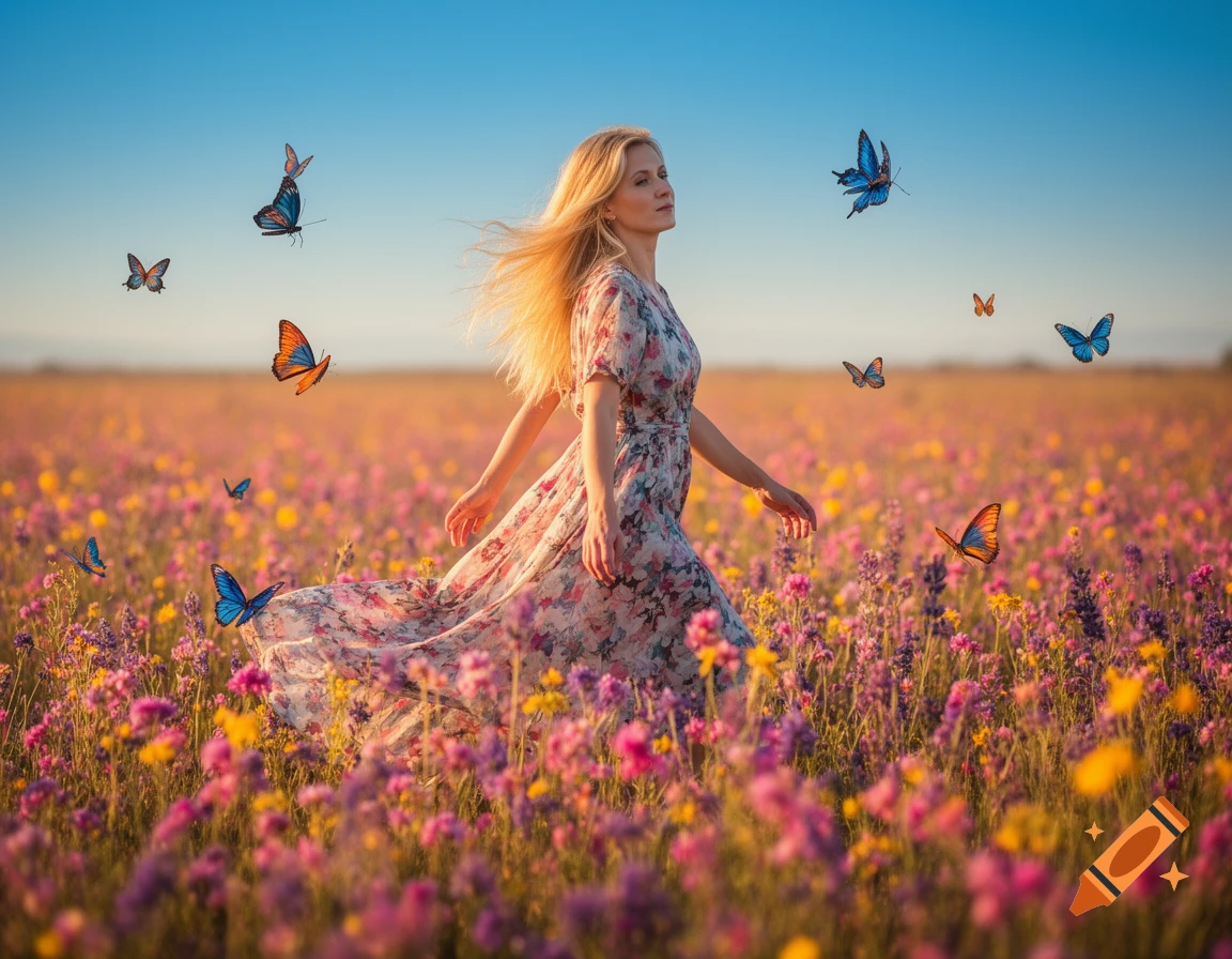 A blonde woman in a floral dress walks through a vibrant field of wildflowers, with colorful butterflies flying around her under a clear sky.