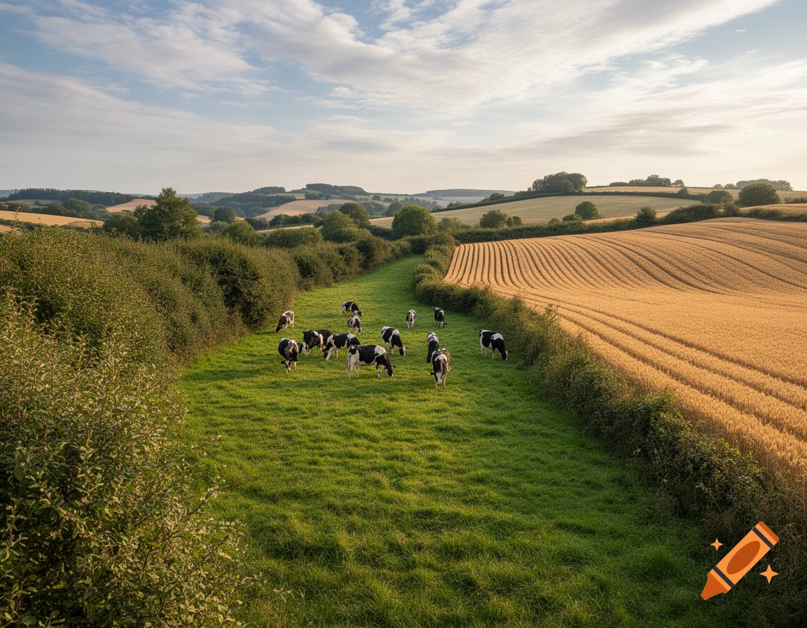 A herd of black and white cows grazes in a green meadow next to a golden cereal field, under a cloudy sky in a hilly rural landscape.